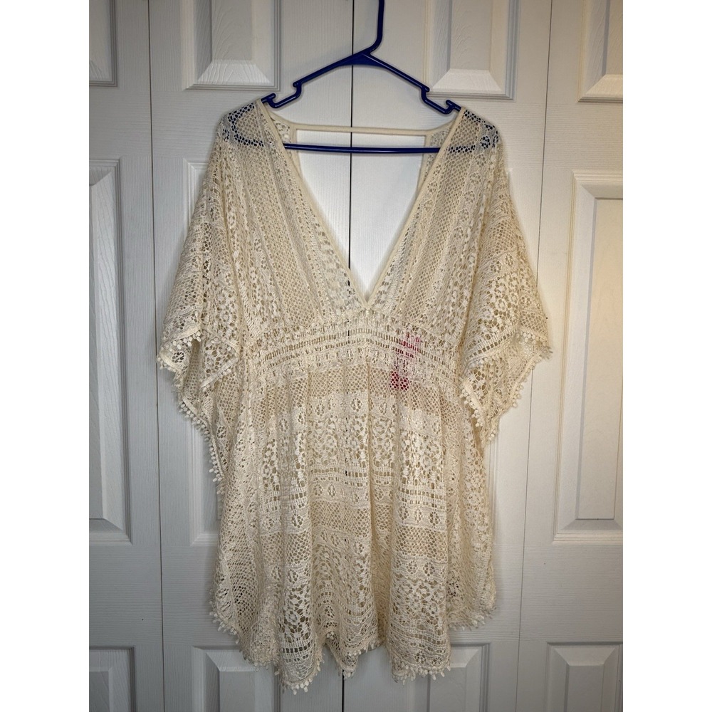 Xhilaration Swim Cover-up Blouse Tunic Top Cream Lace Crochet V-Neck Floral XL